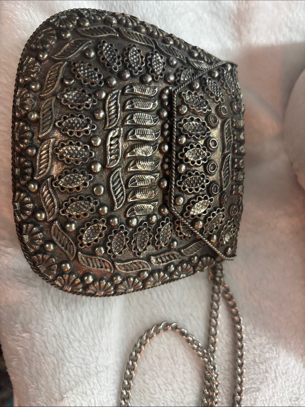 Ornate Metallic Silver Embossed Evening Clutch